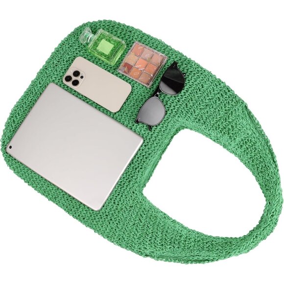 Women's Green Large Straw Beach Bag Handmade Woven Shoulder Hobo Tote Handbag - Picture 3 of 5